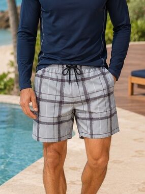 Red Camel Light Blue and Gray Plaid Swim Shorts